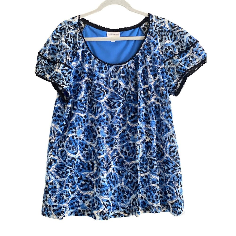 VTG Fashion Bug Top Blue Floral Lace Layered Women 1X Short Sleeve Scoop Neck